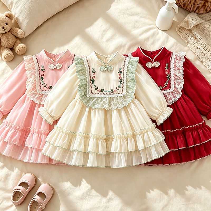 Baby Girl Court Dresses Long Sleeve Children's Clothes Lace European And American Style Kids Costume 0 To 3 Years