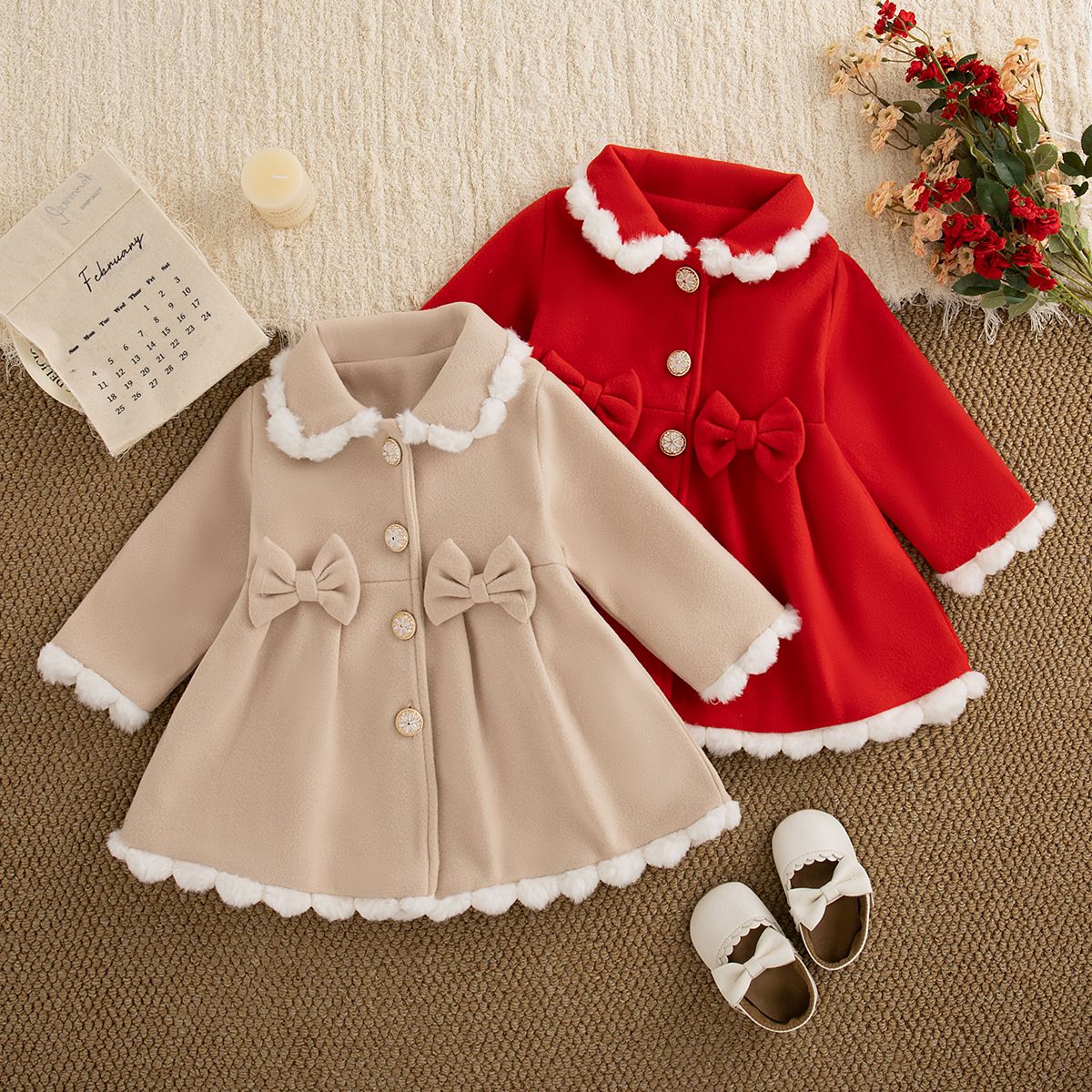Baby Girl Plush Doll Collar Bow Red Woolen Coat Fashion Baby Coat