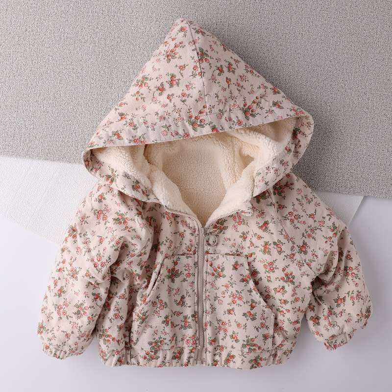 2026 Baby Girls Boys Floral Hooded Winter Coats Velvet Thick Warm Fashion Kids Children Clothes Casual Jackets Overcoats