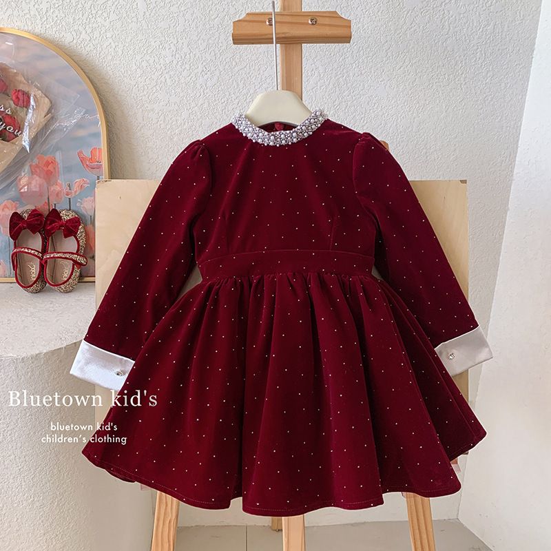 Girls' Sparkling Velvet Plush Dress 2026 Spring Autumn Winter Edition Pearl Collar Pong Princess Dress