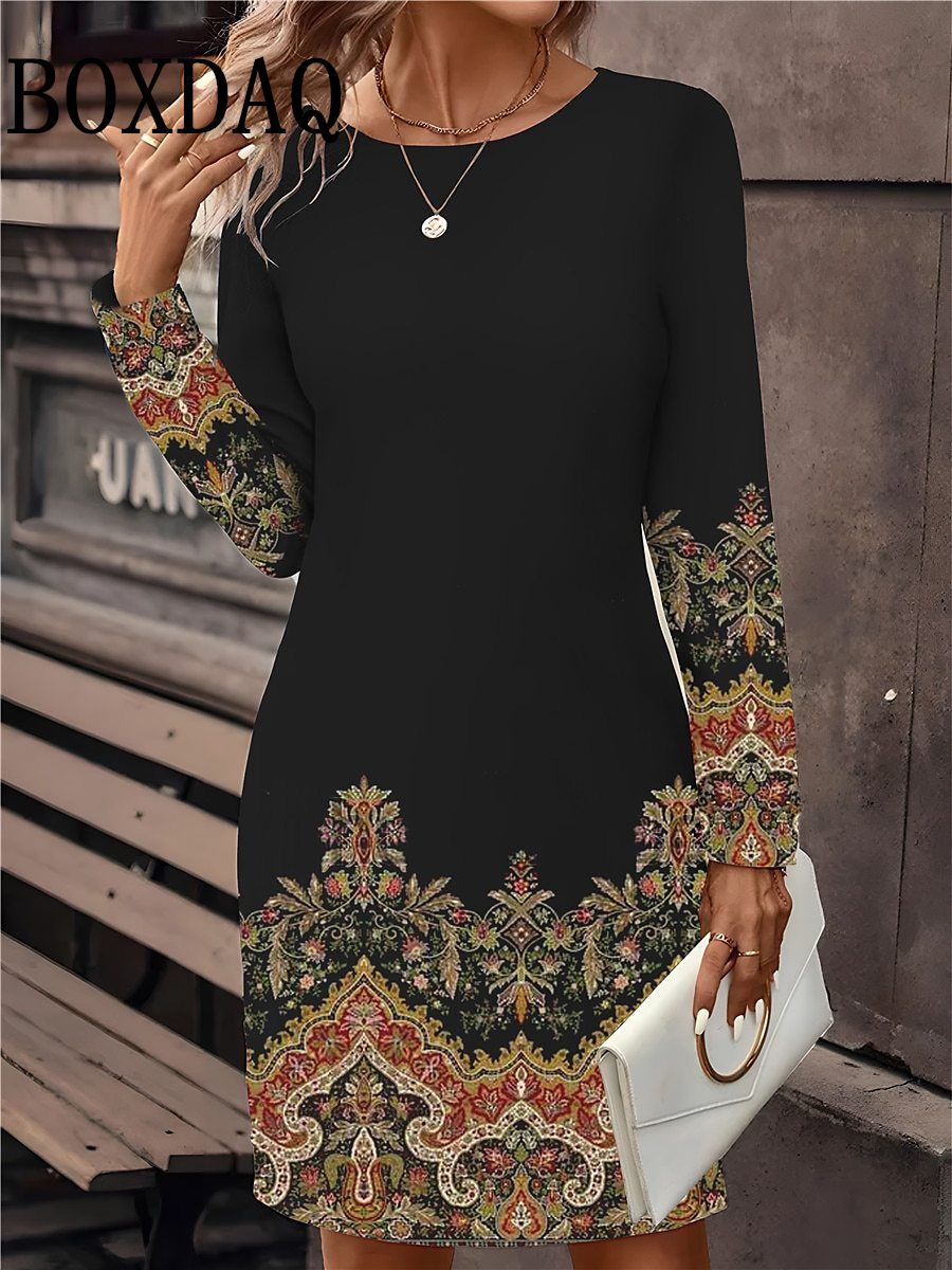 Women's Casual Long Sleeve Print Dress Fashion Autumn Winter Floral For Women Dresses Retro O-Neck Loose Ladies Dresses Vestidos