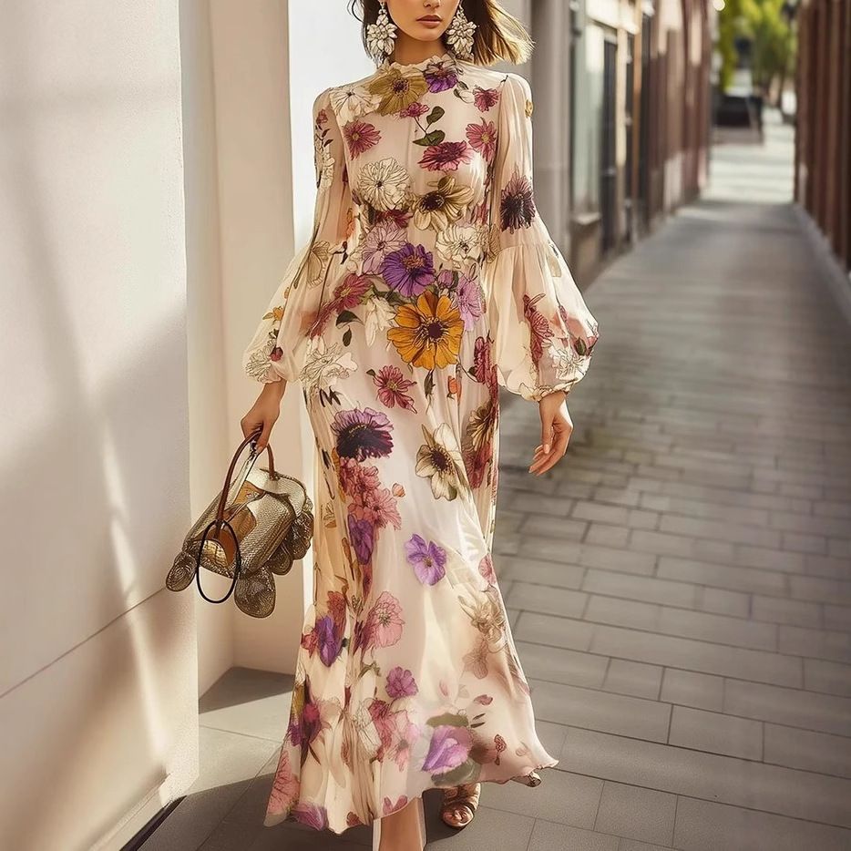Vintage Flower Print Long Dress Women Autumn 2025 Winter Fashion Long Sleeve Slim A-line Maxi Dresses Elegant Vestidos