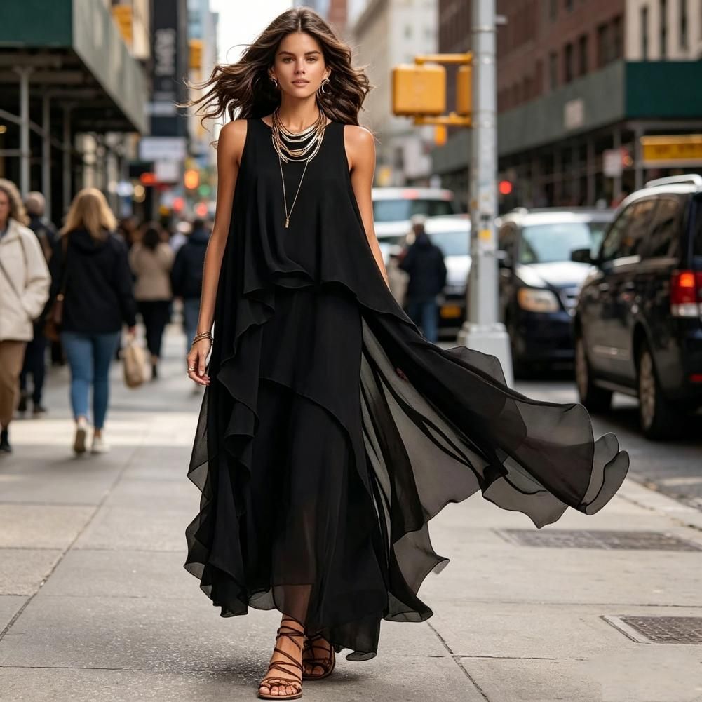 Loose Fit Summer Dress Fat Hiding Loose Dress Women's Flowy Chiffon Dress Sleeveless Crew Neck Gown Asymmetrical Hem Summer