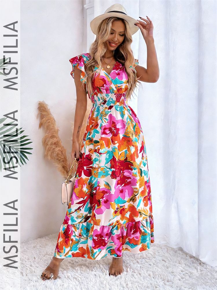 Msfilia Spring Summer Fashion Long Print Dress Women Casual V Neck Print A Line Dress Female