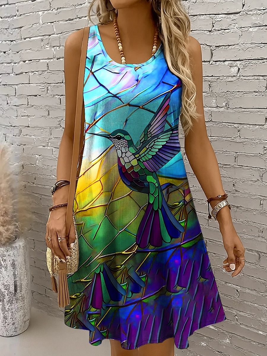 Women's Ombre Animal Print Casual Dress, Off Shoulder Sleeveless Crew Neck A-Line Beach Sundress, Summer