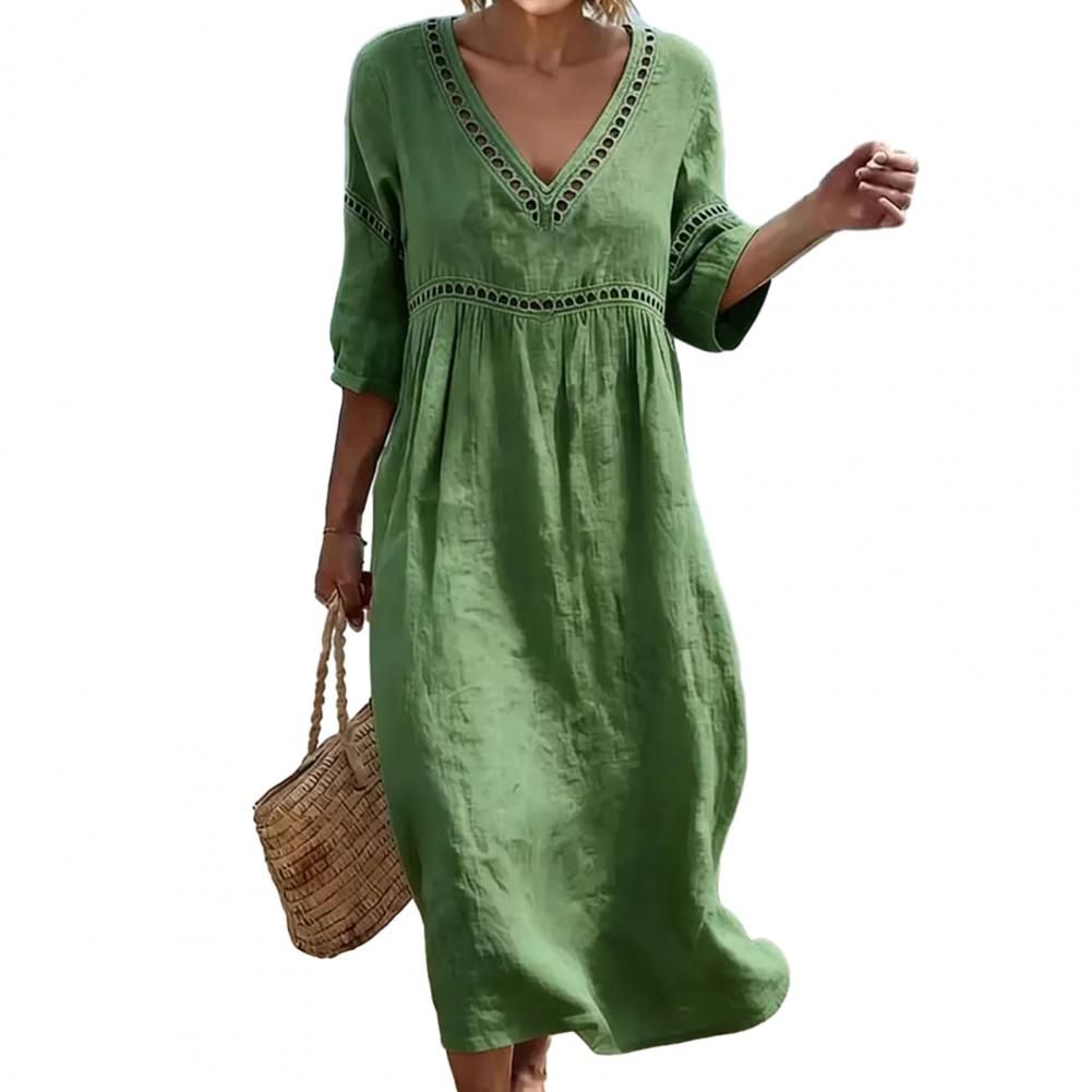 Ladies' Spring/Summer Dress Solid Color Casual V-neck Bohemian Hollow Splicing Linen Medium To Long A-line Dress Beach Dress