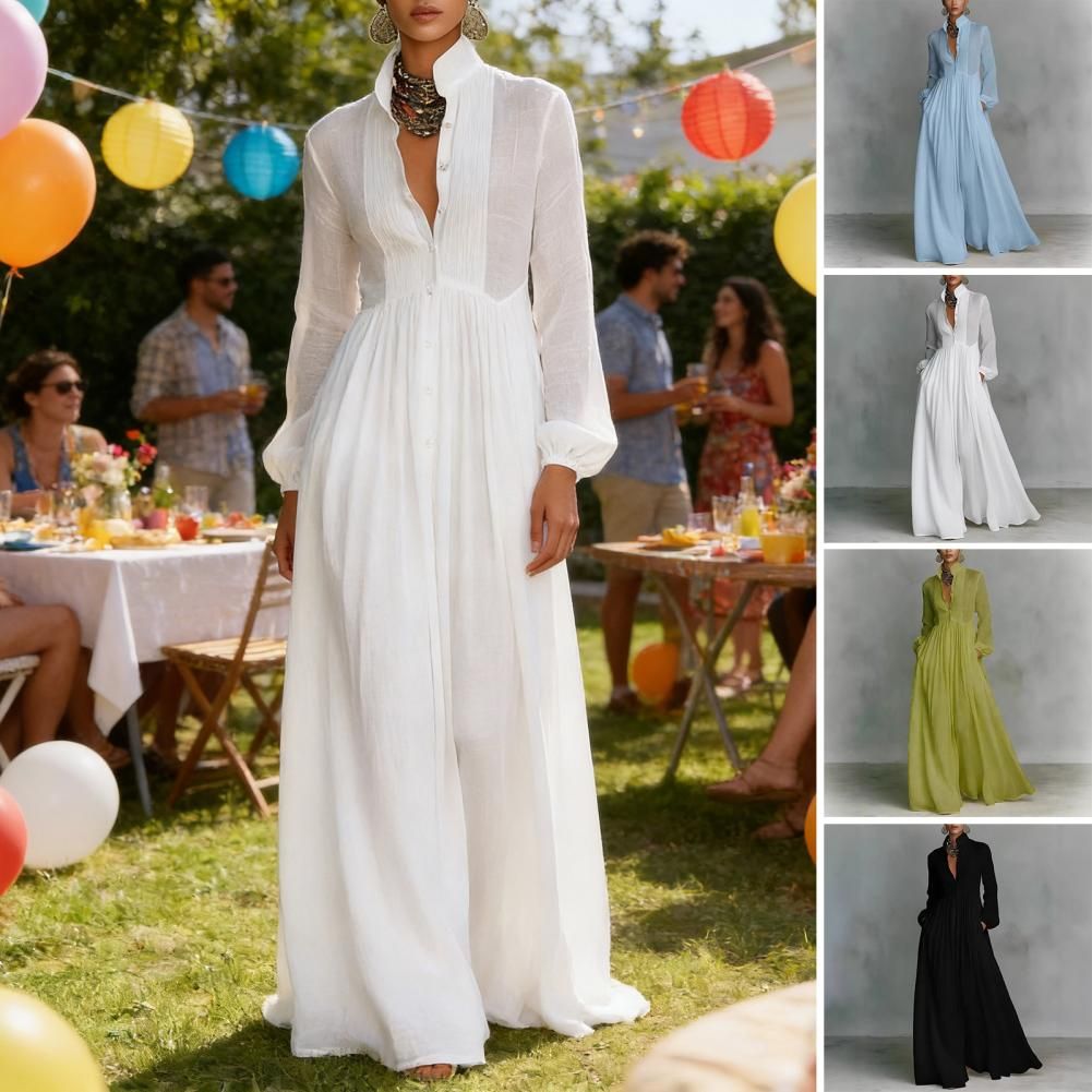 French Elegant High Waist Swing Long Dress Woman Spring Solid Pockets Pleated Maxi Dress Autumn Long Sleeve Button Evening Dress