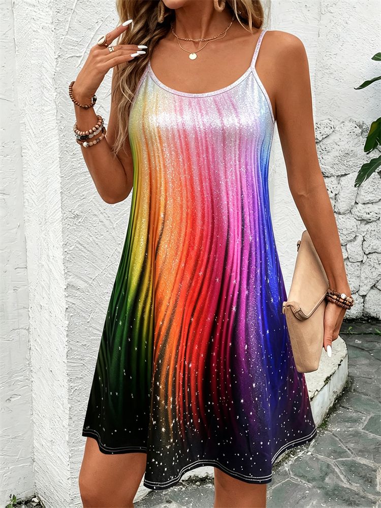 Women's Summer Round-Neck Spaghetti-Strap Printed Dress Casual Dress for Vacations Beaches, and Parties Flowy Lightweight Dress