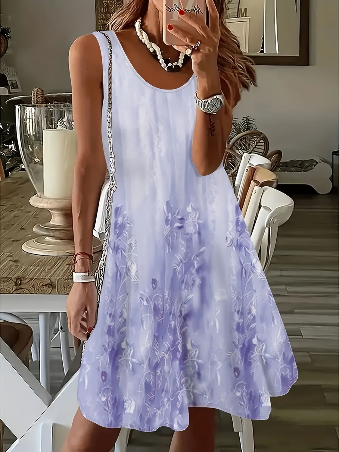 2026 Summer Women's Sleeveless Dresses Knee-Length Round-Neck Dresses Beach and Vacation Casual Dresses Printed Women's Dresses