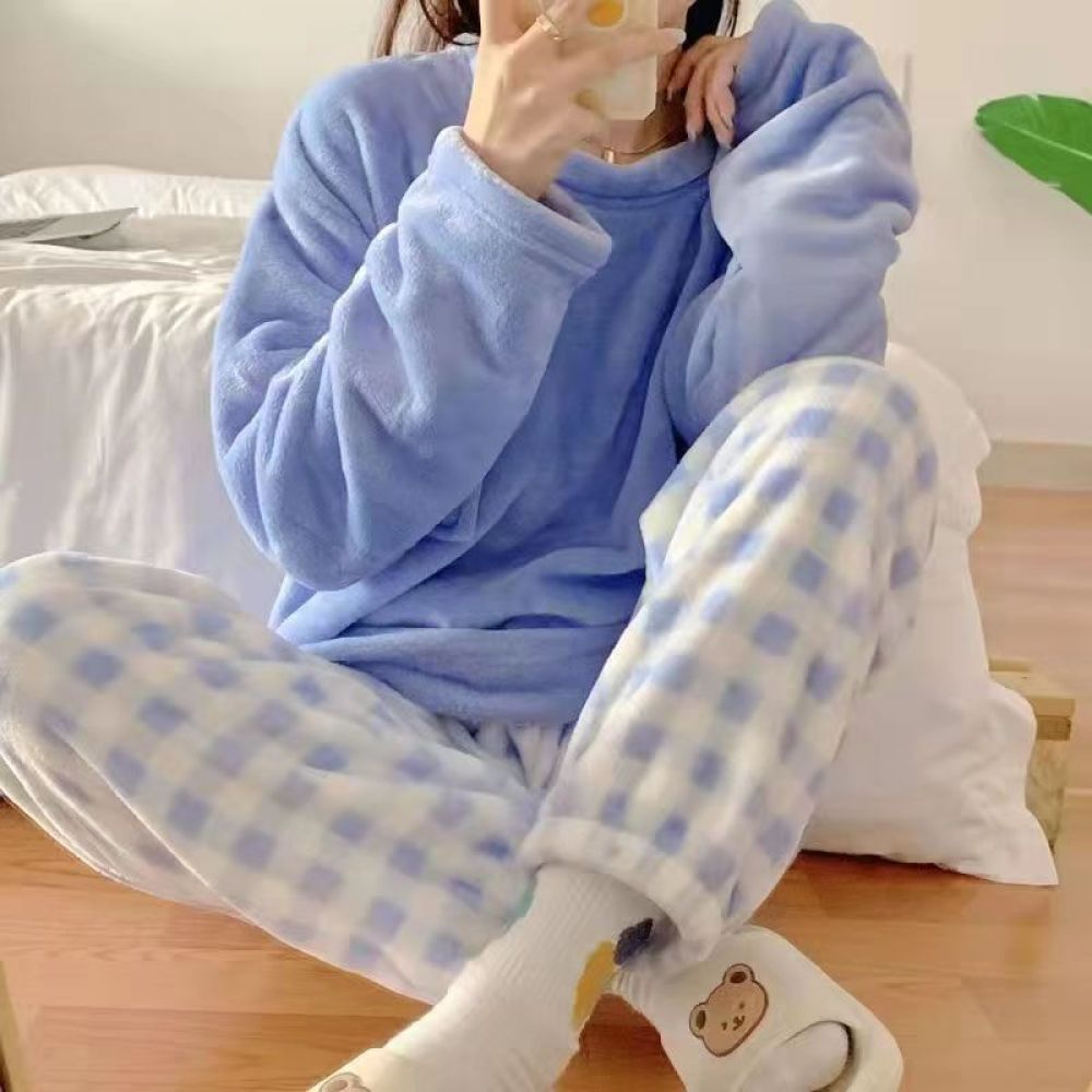 2026Fleece Thick Warm Women's Pajamas Set Winter Sleepwear Casual Solid Top and Plaid Pants Soft Pijamas Set for Women Home Suit