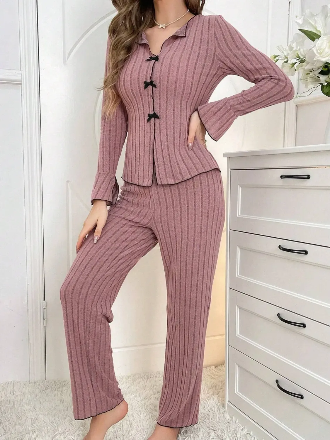 Autumn Winter Warm Sleepwear Woman Lapel Bow Fashion Long Sleeve T-shirt Tops and Trousers Sets Home Wear Pajamas Set