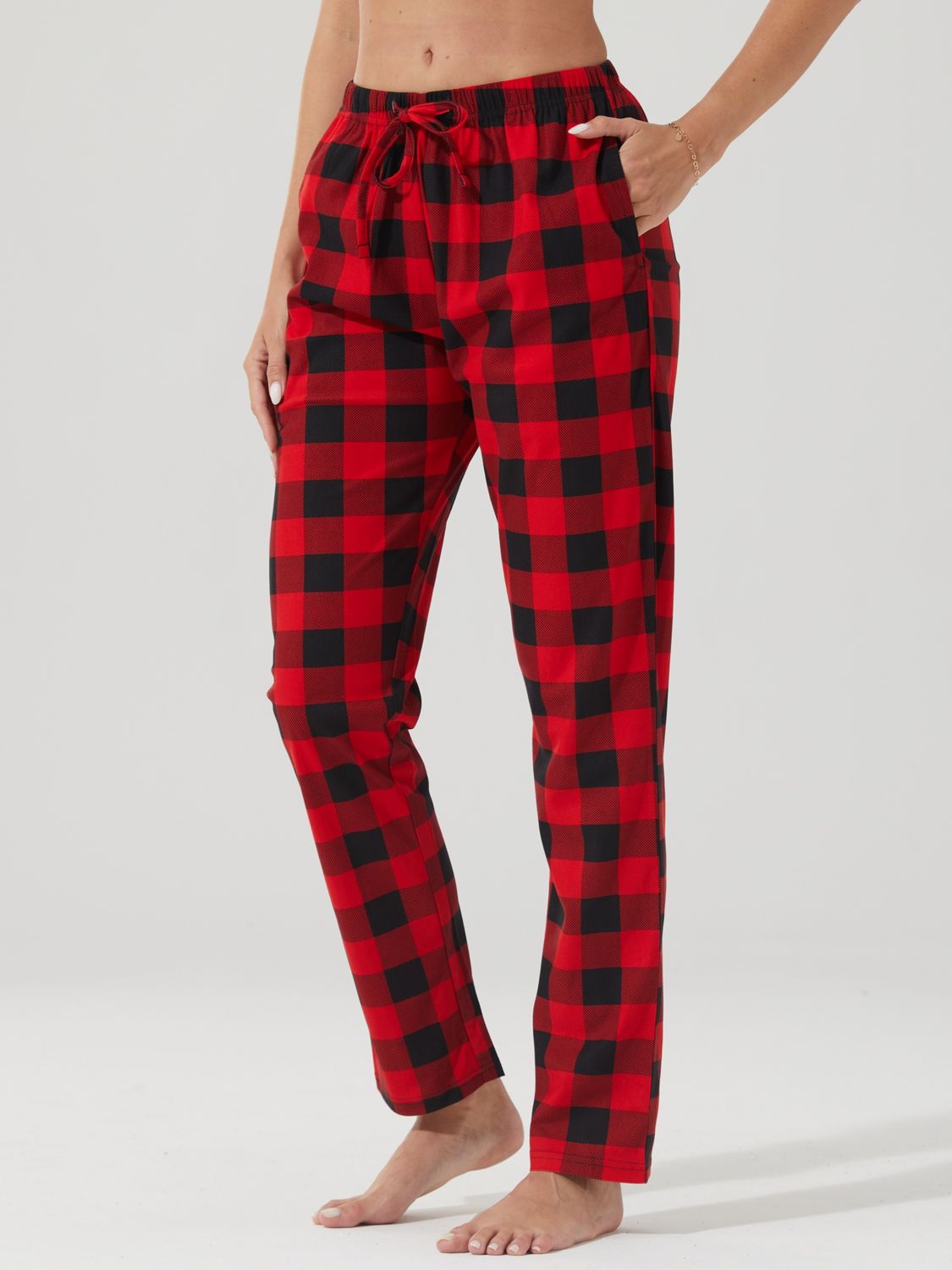 Women's Plaid Flower Print Pajama Pants with Pockets Soft Drawstring Autumn Winter Lounge Sleepwear Comfortable Print Pj Bottoms