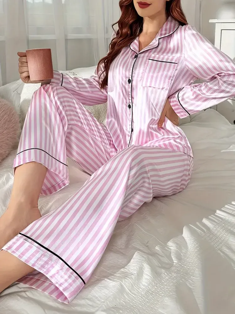 Autumn Winter Striped Pajamas Set for Women Sleepwear Long Sleeve Button Top and Long Pants Set Homewear Loungewear