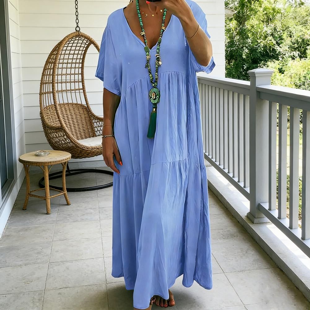 Women's Dress Summer Oversized Loose Flowing Cotton And Linen Long Skirt Beach Dress V-neck Loose Casual And Floor Length Dress