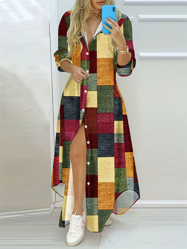 2025 New Women's Mid-Length Shirt Dresses Outdoor Daily Dating Fashion Long Sleeve Dresses Geometric Plaid Loose Fit Dresses