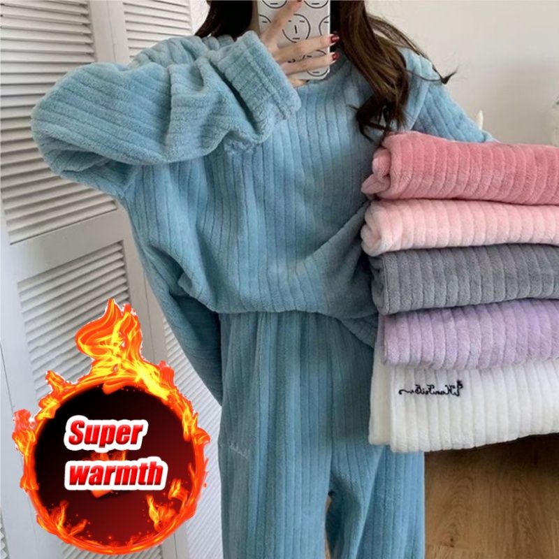 Women Coral Fleece Pajamas Set Winter Flannel Homewear Outfit Loungewear Sleepwear Cozy Warm House Dress Casual Wear