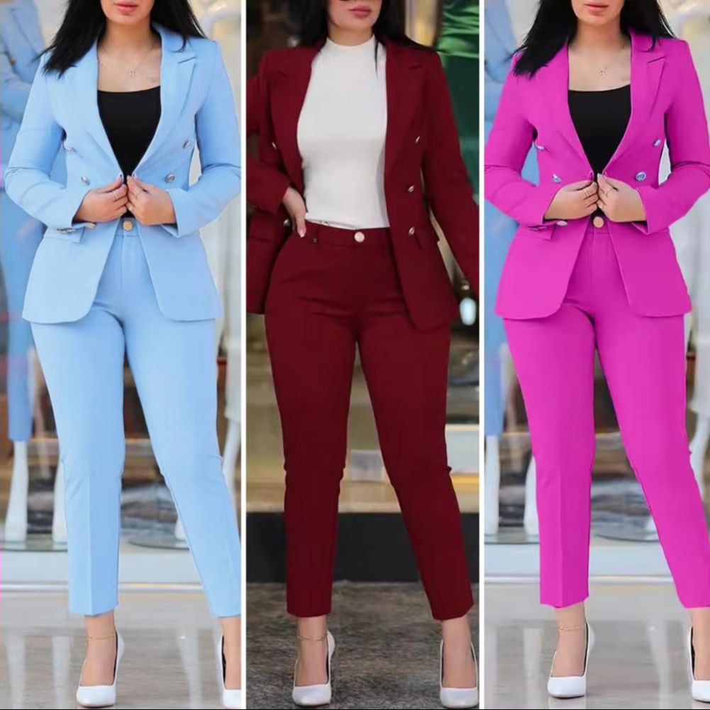 2 Pcs/Set Lady Formal Coat Pants Set Long Sleeves Double Buttons Tight Waist Cardigan Mid Length Jacket Straight High Waist Trou
