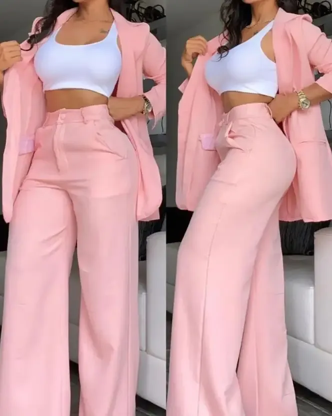 Woman Elegant Blazer Sets New Autumn Fashion Women's Notched Collar Coat &amp; Pocket Design Pants Set Work Commuting Two Piece Suit