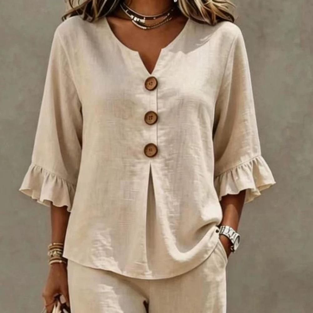 Summer 2 Piece Sets for Women Casual Ruffle 3/4 Sleeve V Neck Top And Wide Leg Pants Matching Set Loose Vacation Lounge Outfits