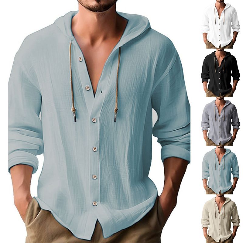 Men's Solid Color Casual Shirt, Hooded Drawstring Cotton and Linen Cardigan, Trendy and Versatile Loose Beach T-Shirt