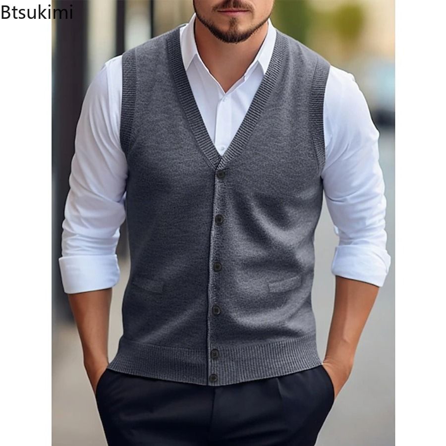 New Men's Autumn Winter Knit Sweater Vest Fashion Solid V-neck Button-up Knitted Wool Cardigan Tops Business Casual Men Clothing