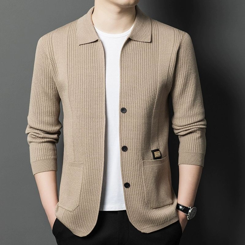 High-Quality Men's Knitted Cardigans Solid Color Simple Business Lapel Knitwear Coat Man Autumn New Long Sleeves Sweater Jacket