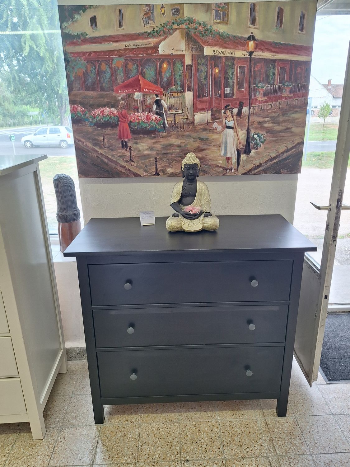 Ikeás Hemnes 3 fiókos feketére pácolt fenyőfa komód