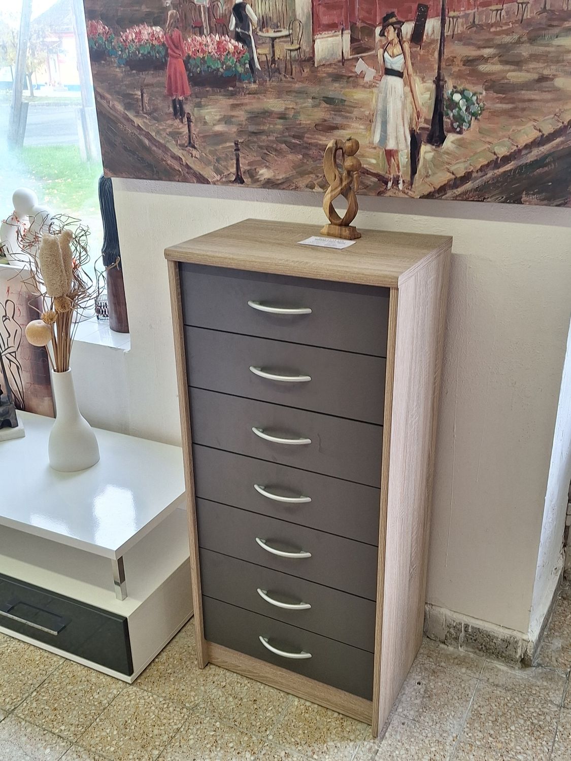 7 fiókos sonoma tölgyfamintás/grafit szürke komód