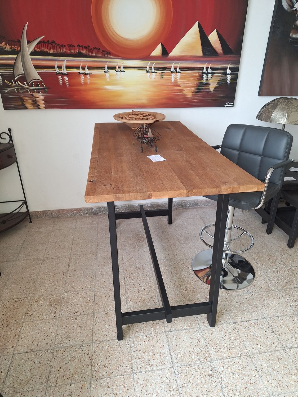 Tömör masszív tölgyfa bár asztal erős fém lábakkal/ Valnatura 