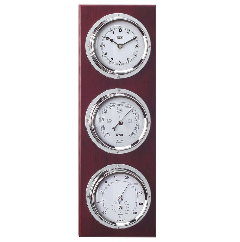 ANVI 30.3945 4-in-1 Barometer &amp; Clock - Chrome &amp; Dark Wood - Low Altitude