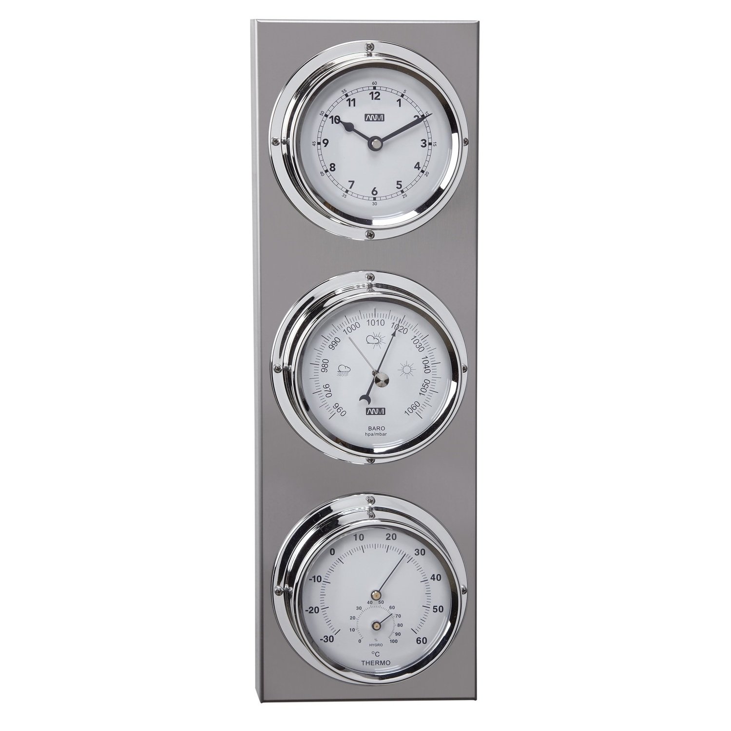 ANVI 29.0723 4-in-1 Barometer & Clock - Stainless Steel - Low Altitude