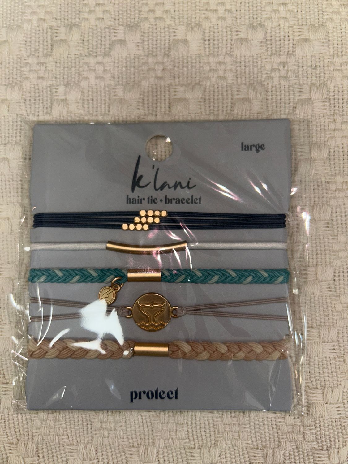"Protect" Beachy Blues &amp; Sands w/ Whale Charm Charm Hair Tie Bracelets (lg)