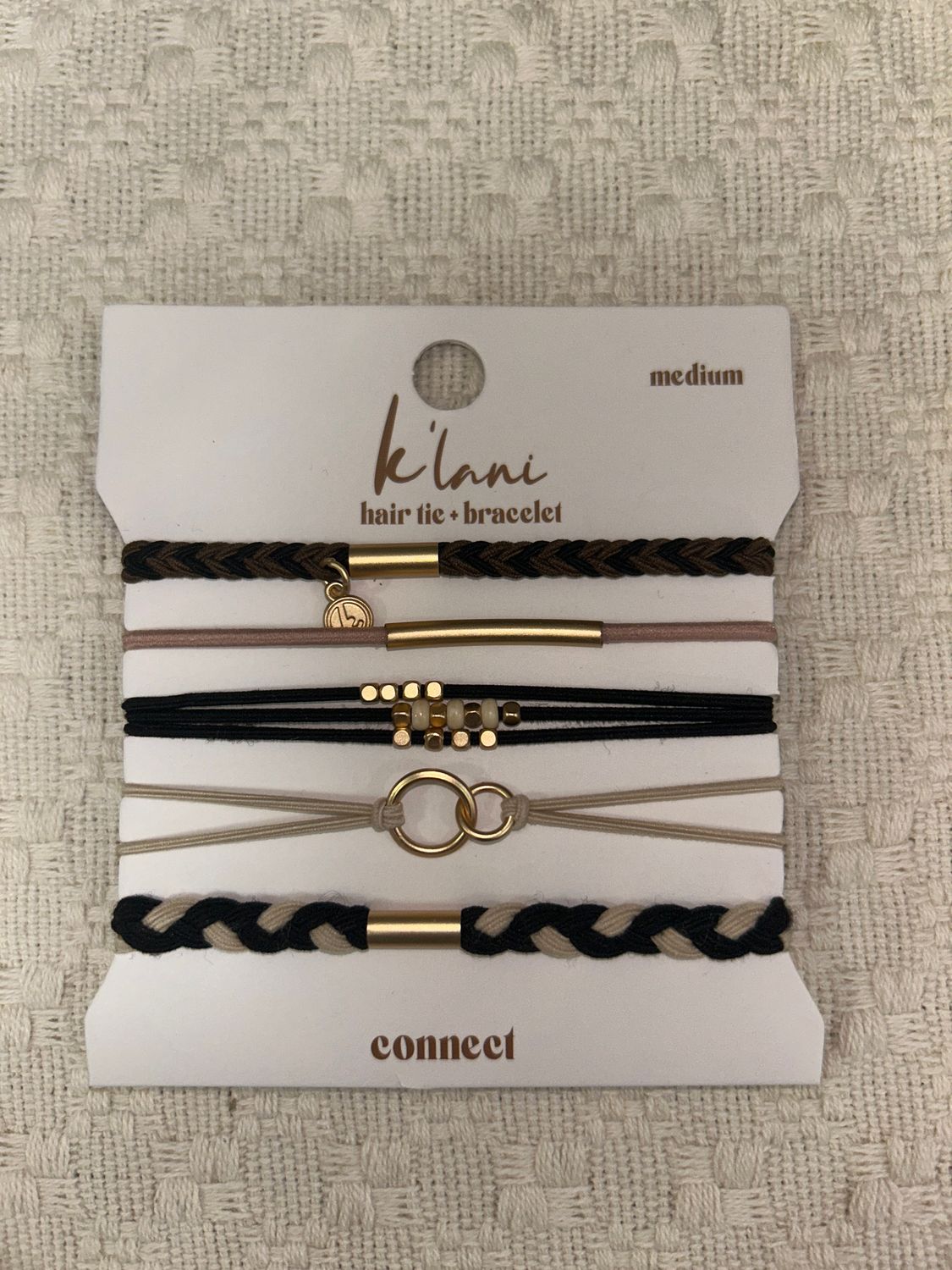 "Connect" Black &amp; Cream w/ Gold Accents Hair Tie Bracelets (med.)