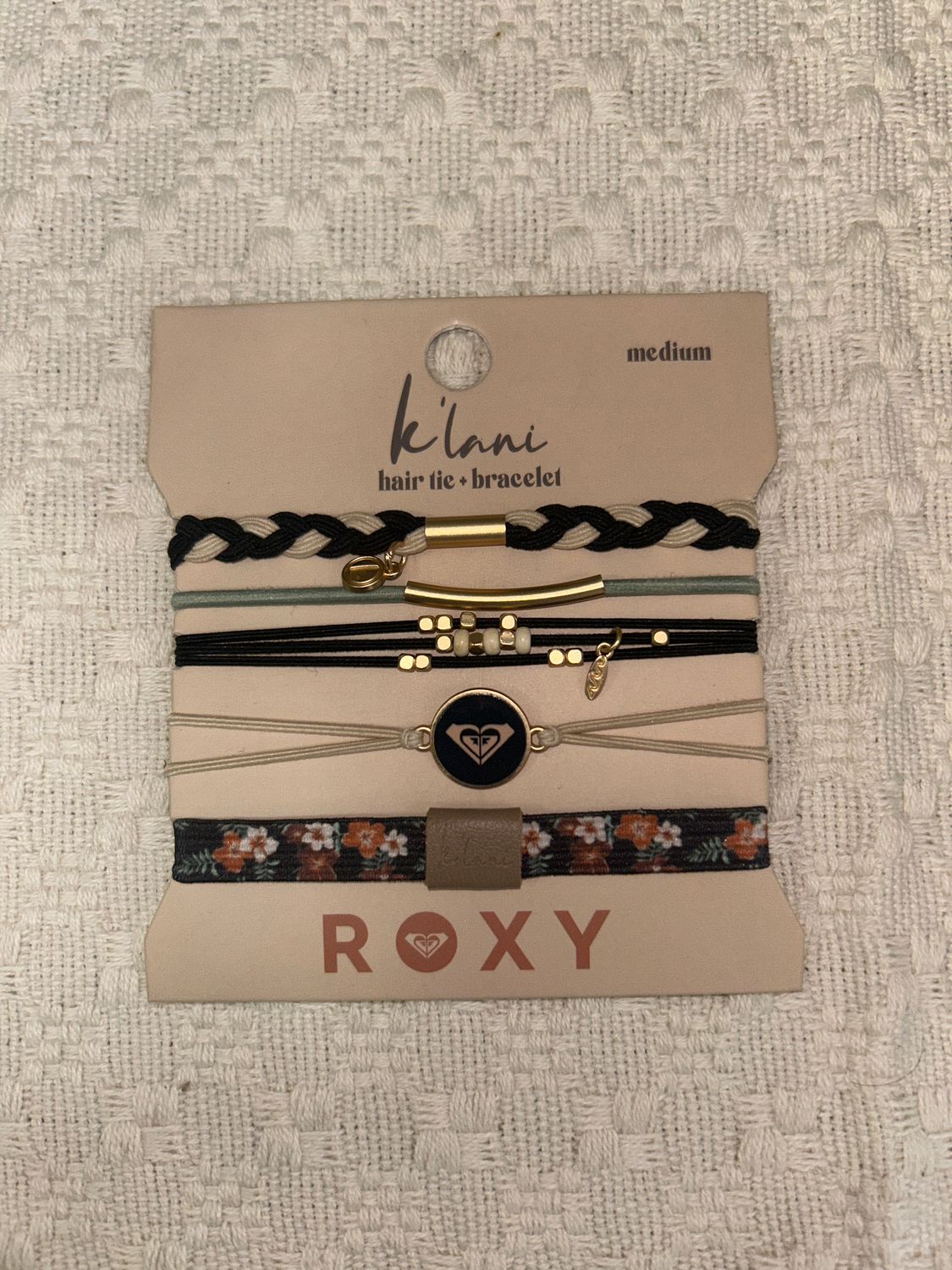 "Roxy Coastal Drift" Black &amp; Neutral Beachy Vibe Hair Tie Bracelets (med.)