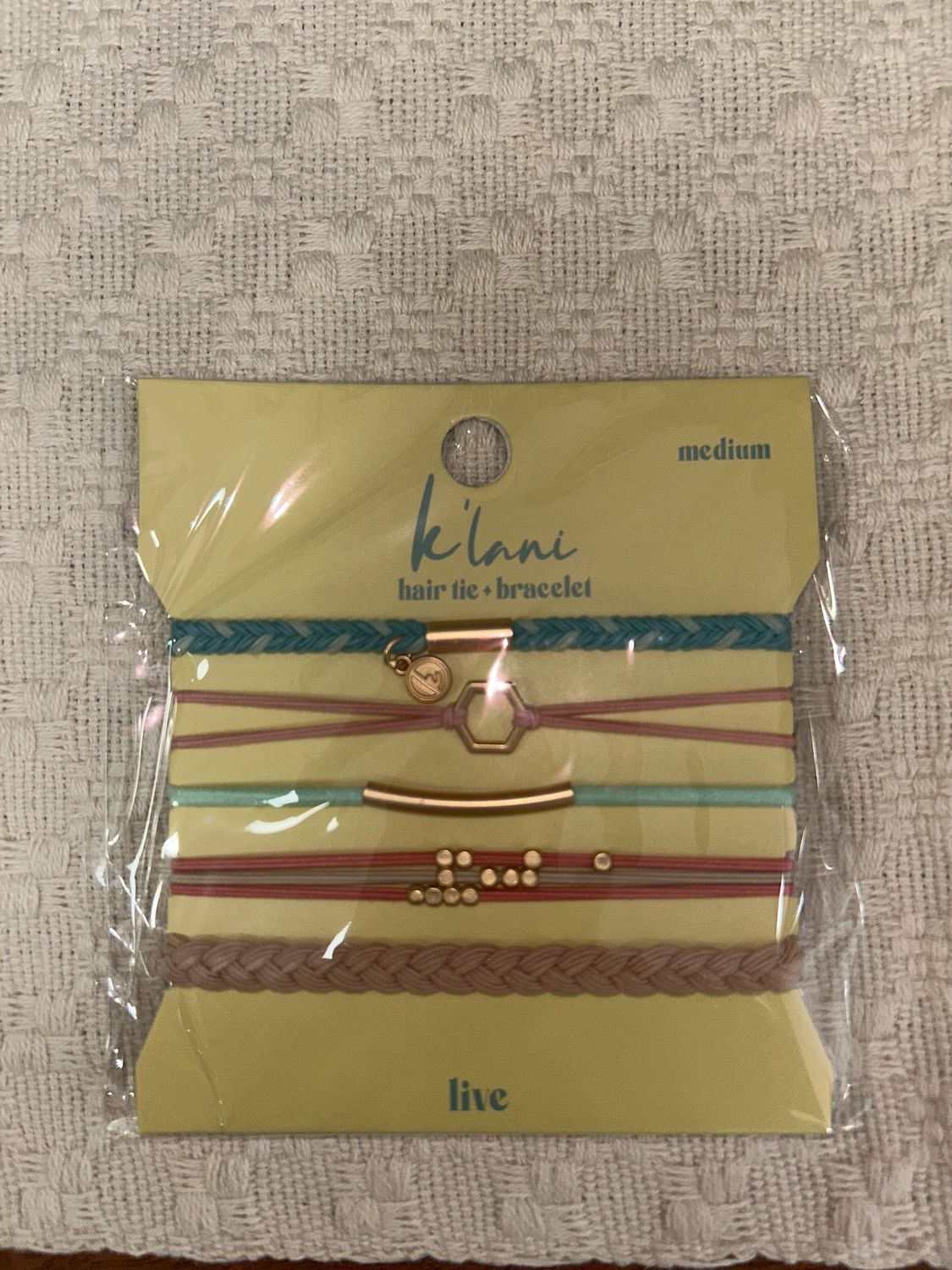"Live" Teal &amp; Coral w/ Gold Accent Hair Tie Bracelets (med.)