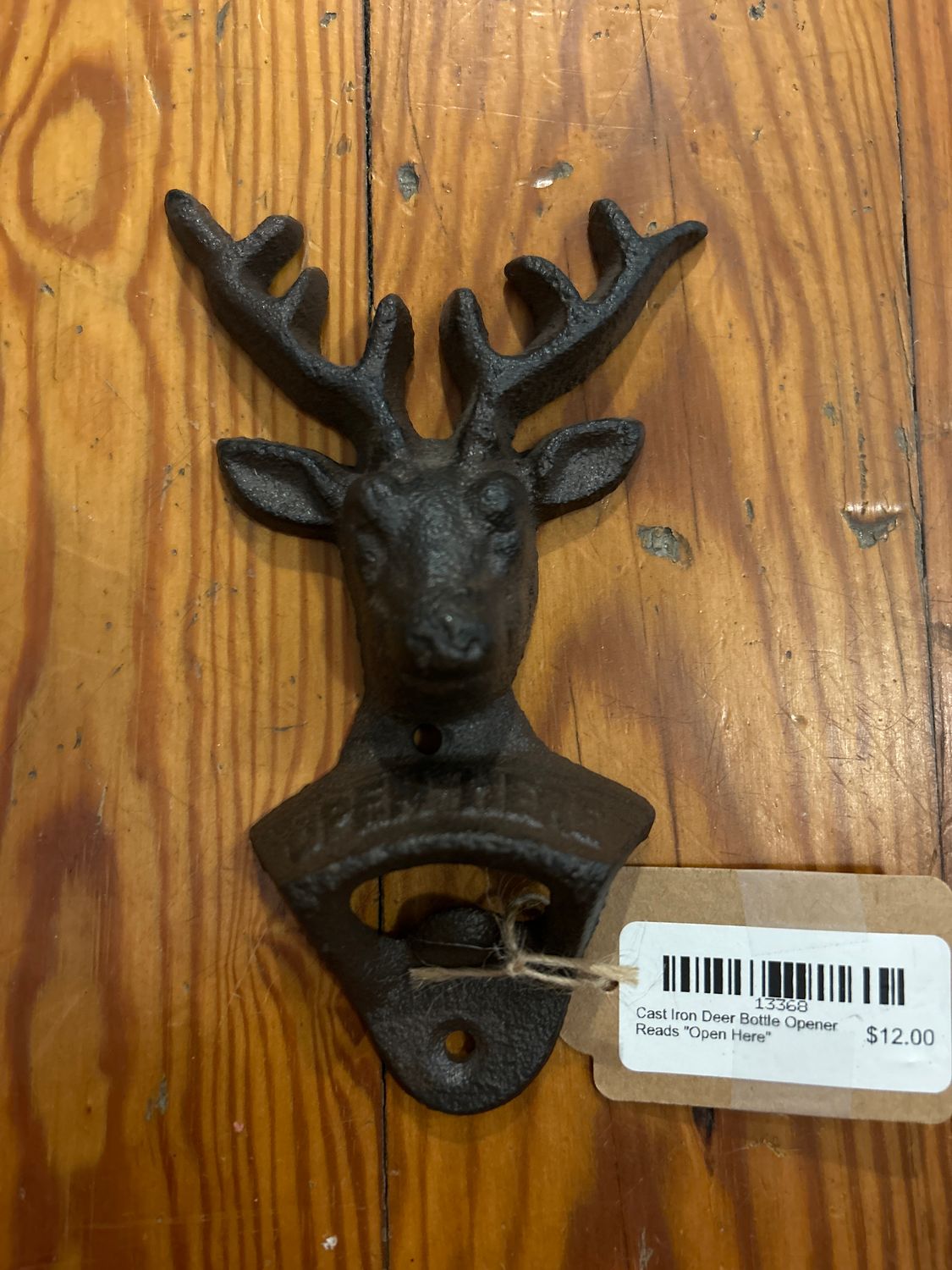 Cast Iron Deer Bottle Opener Reads "Open Here"