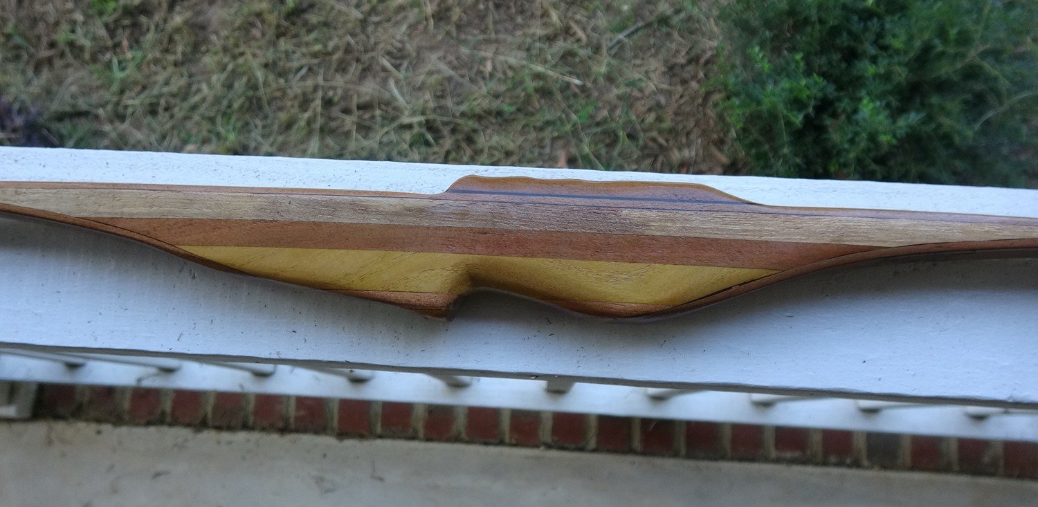 Item # 113 5 wood Long Bow. Cherry limbs #33 lbs @ 28&quot;. 57&quot; long, (unstrung)
