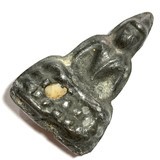 Praput Chin Dtakua Fang Khiaw Hmaa Pha 2460 BE Leaden Buddha Amulet with Wolf Tooth Insert Luang Por Dam Wat Kuti