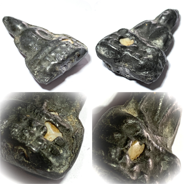 Praput Chin Dtakua Fang Khiaw Hmaa Pha 2460 BE Leaden Buddha Amulet with Wolf Tooth Insert Luang Por Dam Wat Kuti