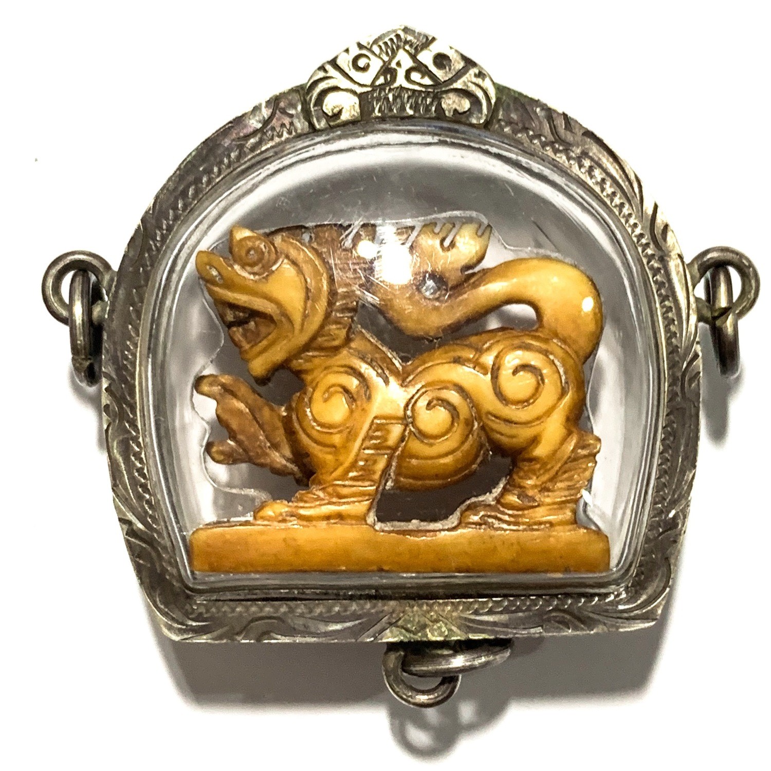 Singh Sam Khwan Gae Nga Carved Singha Himapant Lion Traditional Solid Silver Casing 3 Rings Luang Por Derm Free EMS