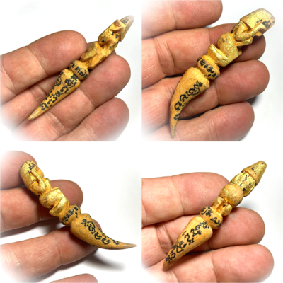 Palad Khik Leb Suea Hua Nang Kwak Carved Sacred Wood Tiger Claw & Waving Lady Goddess Hand Inscriptions Luang Por Glan Wat Intarawat