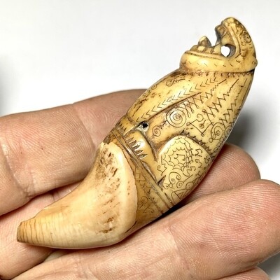 Khiaw Hmee Gae Suea Maha Amnaj Dtem Suudt Carved Bear Tooth with Tiger Hand Spell Inscriptions 3 Inches Luang Por Nok FREE Express shipping