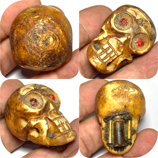 Prai Grasip Choke Carved Bone Ghost Whisperer with Nam Man Prai Takrut and Krang with Gemstone Eyes Hand Inscriptions Luang Por Pina Free EMS