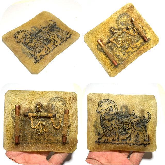 Hnang Glong Dtaek Hand Inscribed Yant In Ma Saep Nang 2 Takrut In Koo, Coffin Nail & Muan Sarn 4 x 4.5 Inches Kroo Ba Wang
