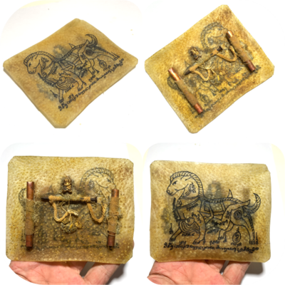 Hnang Glong Dtaek Hand Inscribed Yant In Ma Saep Nang 2 Takrut In Koo, Coffin Nail &amp; Muan Sarn 4 x 4.5 Inches Kroo Ba Wang
