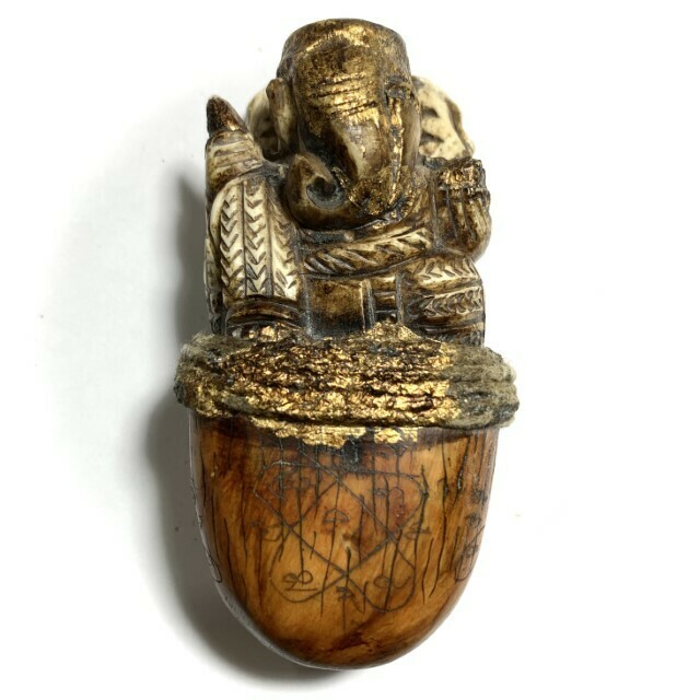 Plai Nga Chang Gae Pra Pikanes Carved Tusk Tip Hand Inscriptions with Ganesha 1st Prize Trophy and Certificate 4 x 2 Inches Luang Phu Tim Free EMS