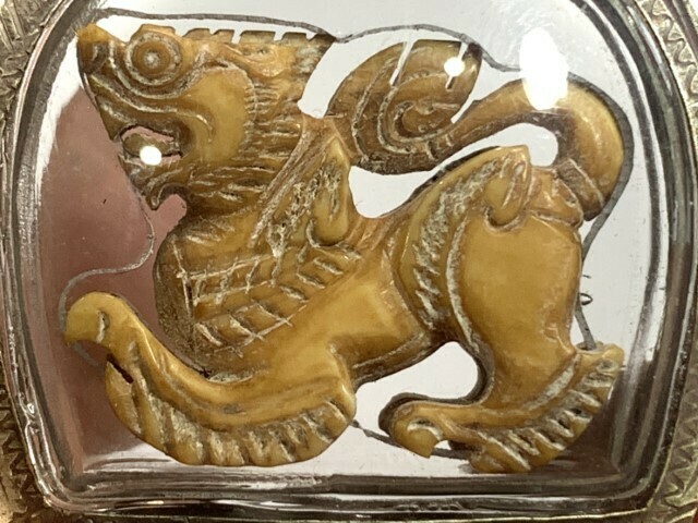 Singh Sam Khwan Pim Bpaag Nok Carved Ivory Singha Himapant Lion Traditional Solid Silver 3 Rings Casing Luang Por Derm Wat Nong Po