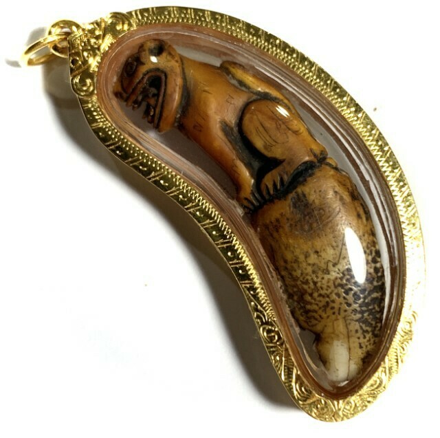 Khiaw Suea Gae Tiger Tooth Amulet Hand Spell Inscriptions Solid Gold Casing Luang Por Parn Wat Bang Hia Free Express Shipping