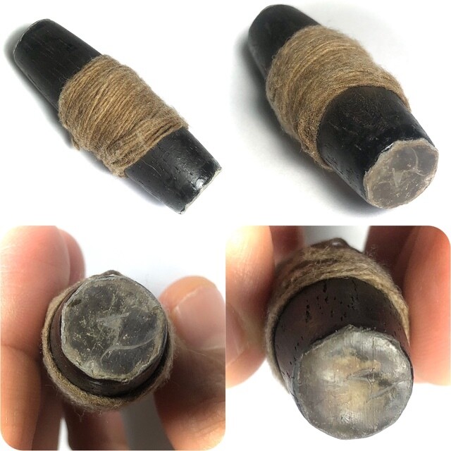 Tapone Mai Gae Thak Sai Sin Ud Kring Early Era Carved Wooden Magical Drum with Rattle Hand Inscribed 2450 BE LP Derm Wat Nong Po