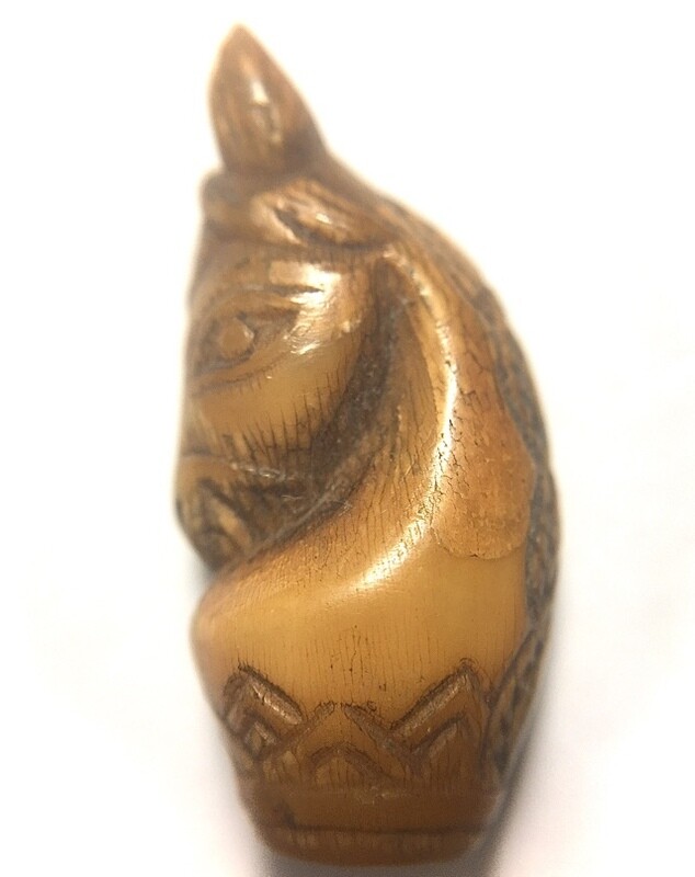 Ma Hmak Ruk Nga Gae Ancient Carved Ivory Chess Horse Hand Inscription Luang Por Derm Wat Nong Po